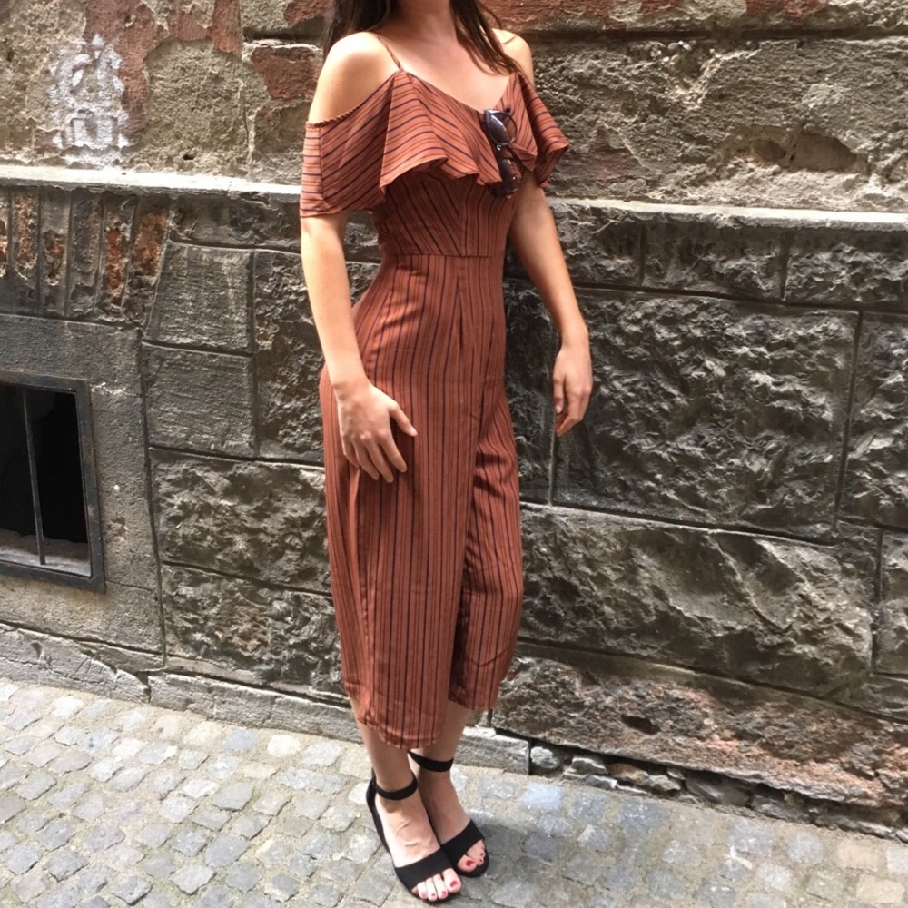 Burnt orange and navy striped romper